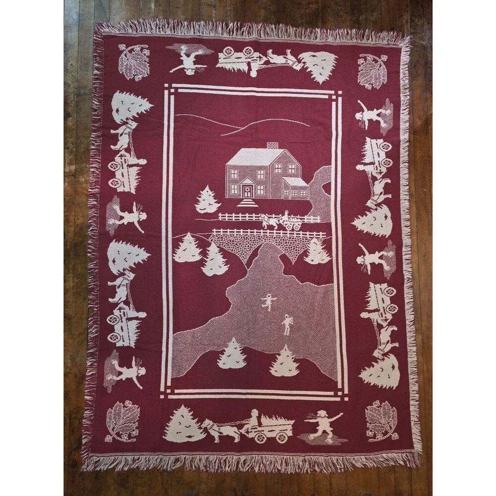 VTG Christmas Tree House Sleigh Holly Tapestry Blanket Throw Grandmacore 45X59